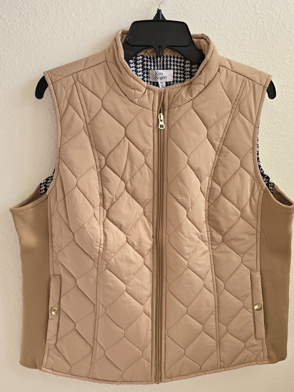 Kim Rogers Quilted Tan Sleeveless Vest with Knit Side Panels